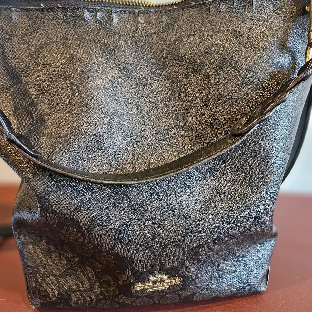 Coach Dark Brown Signature Canvas Shoulder Bag with Gold Hardware - Picture 6 of 9